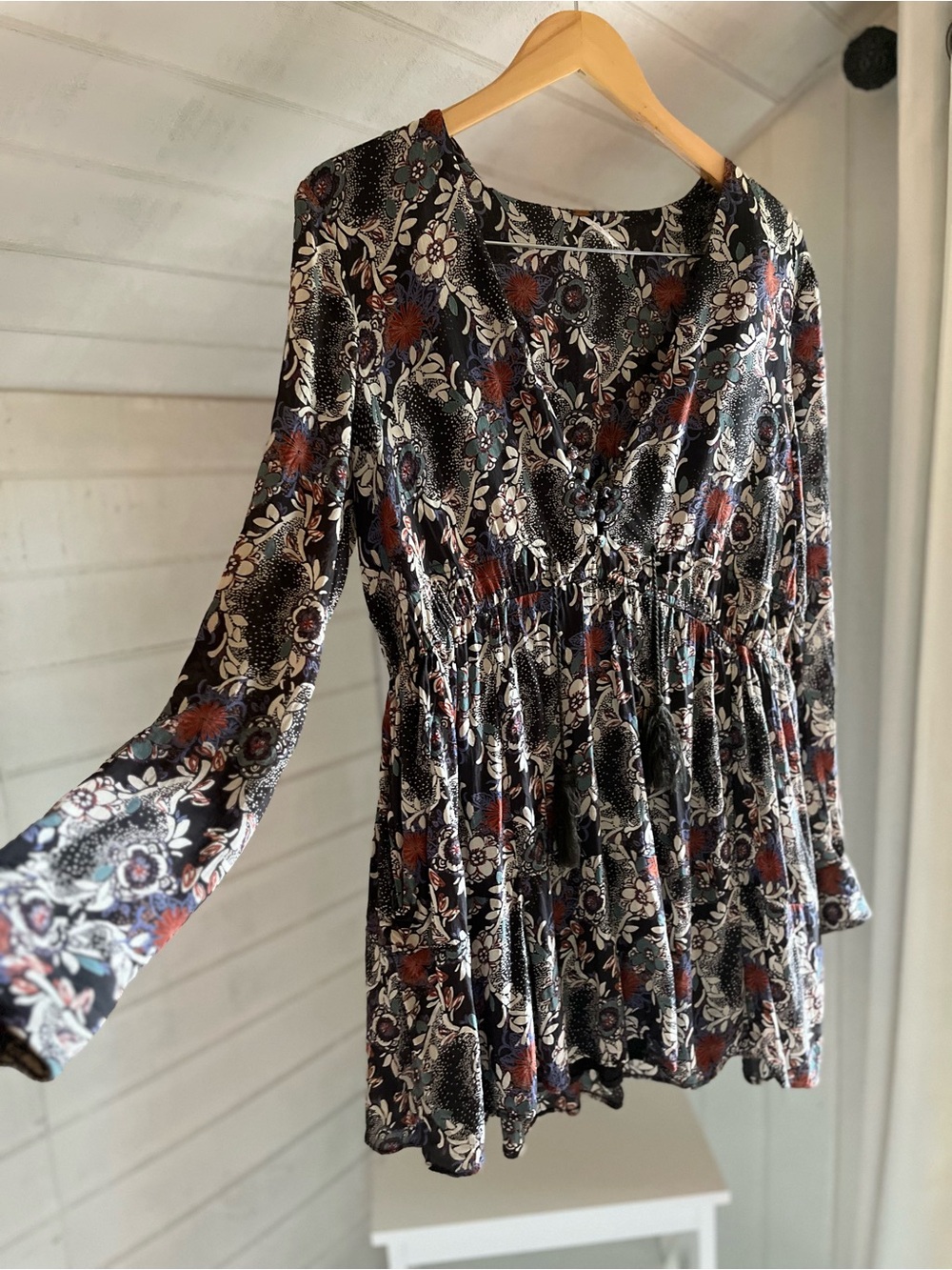Free People Dark Floral V-Neck Tunic with Rust & Cream Accents
